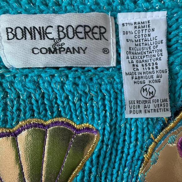Bonnie Boerer Peacock Appliqué Sweater – Metallic Teal – M - Picture 3 of 8